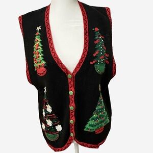 VINTAGE Ugly Christmas Tree Sweater Vest Lrg Holiday Grandma CottageCore Novelty